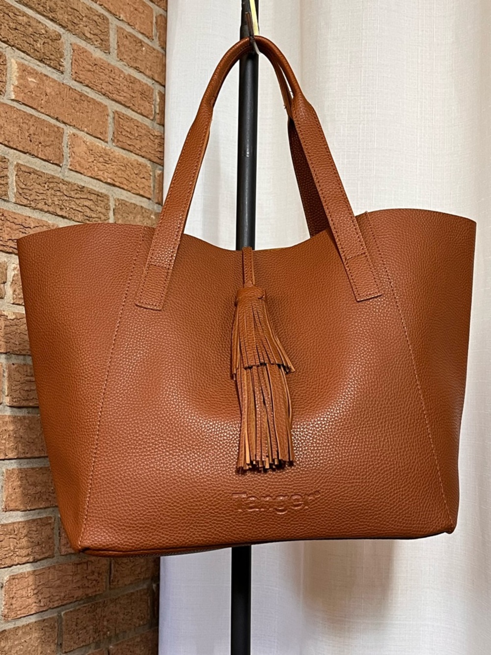 Tanger Brown Pebbled Faux Leather Tote Large Tassel Shoulder Bag 15” NWOT